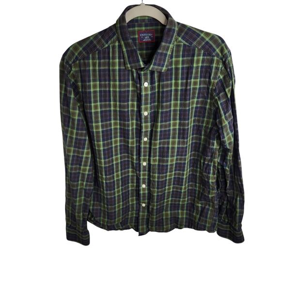 Untuckit Slim Fit Button Up Shirt Mens Size Large Green Blue Plaid Cotton - Picture 2 of 8
